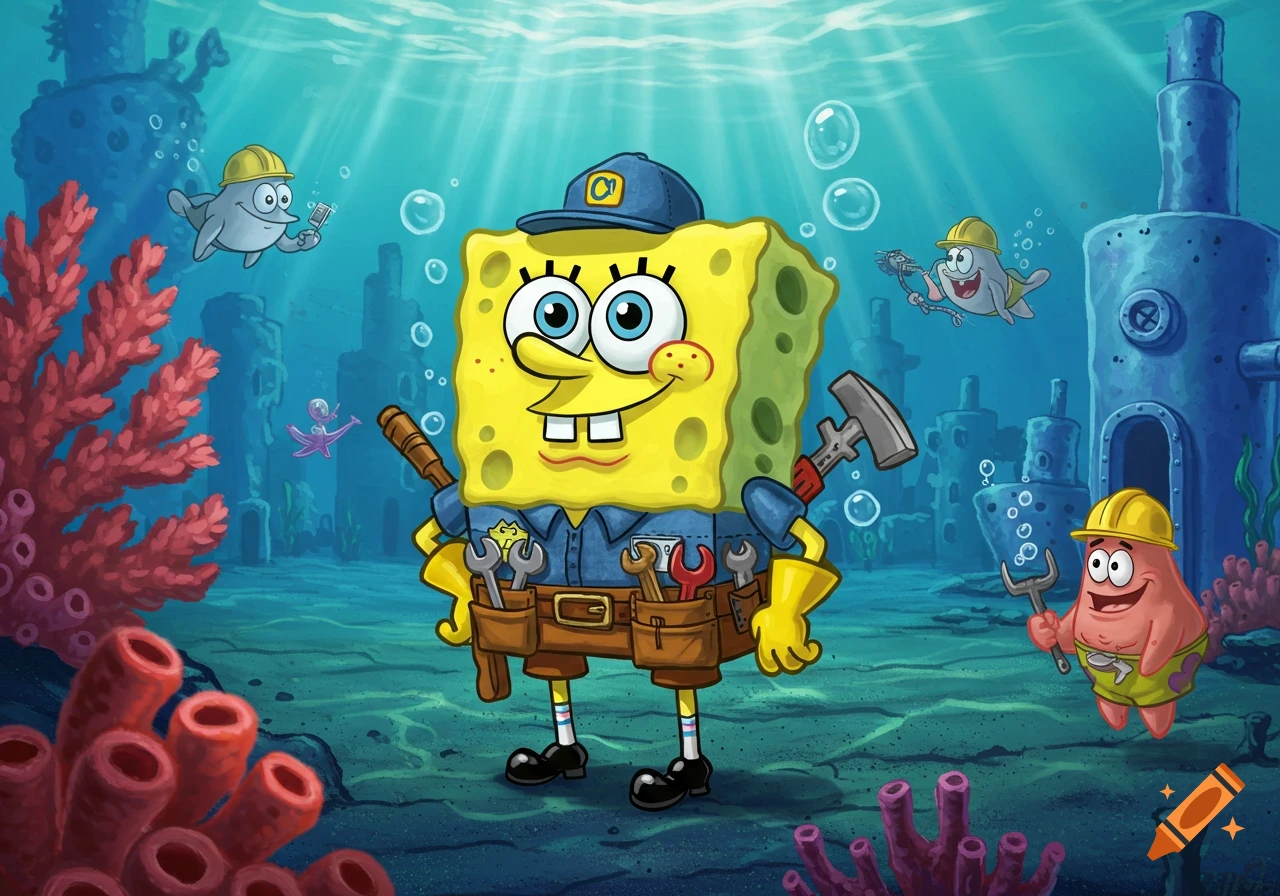 Cartoon SpongeBob and Patrick are blue-collar workers with tools in a vibrant underwater scene.