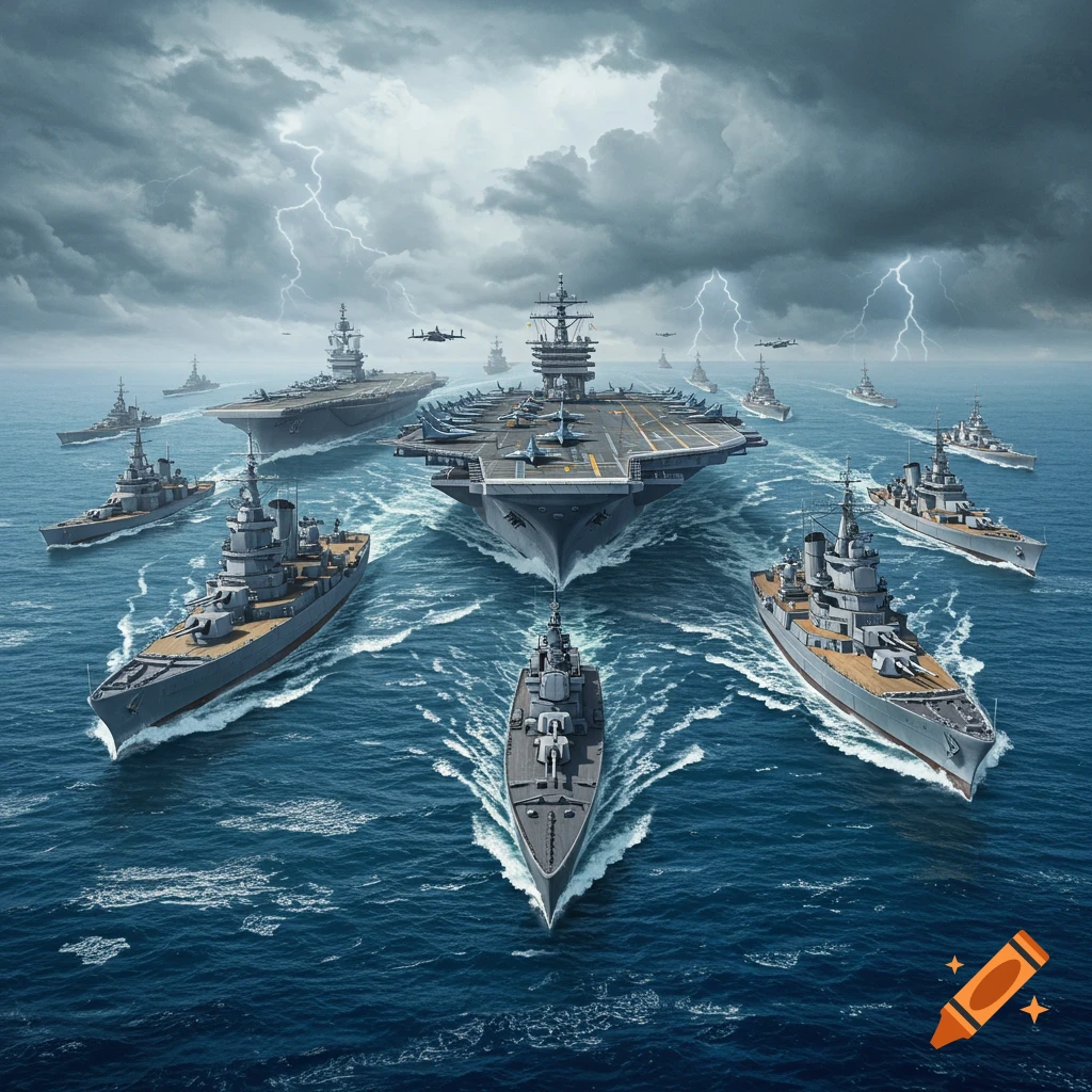 A large fleet of warships and aircraft carriers sails through a stormy sea with lightning in the sky.