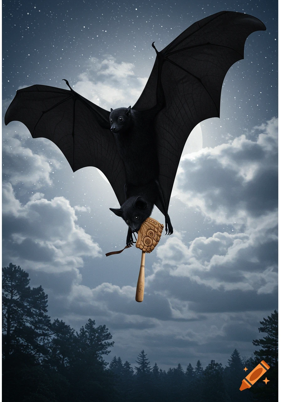 Two bats flying at night, with one bat holding a wooden baseball bat, over a forest.