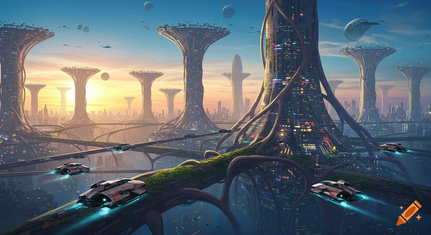 A vibrant futuristic city at sunset, with towering organic-like skyscrapers, interconnected bridges, and flying vehicles.
