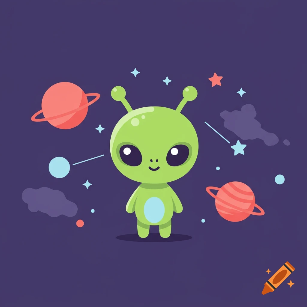 A cute, green, cartoon alien with big eyes and antennae stands in space surrounded by stylized planets and stars.