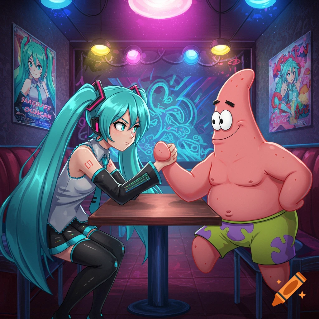 Hatsune Miku arm wrestling Patrick Star in a dimly lit, neon-colored bar with posters on the walls, in a vibrant cartoon style.