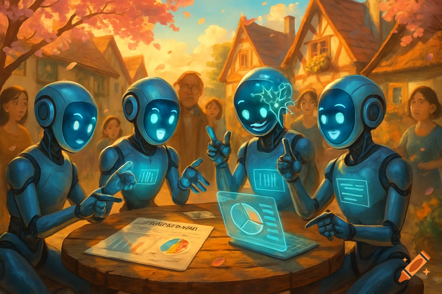 Four blue robots with glowing faces sit at a wooden table, pointing at charts on a holographic laptop and papers. People watch from a blossoming village background.