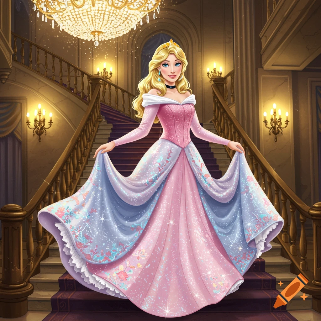 An illustrated princess in a pink and blue ball gown poses on a grand staircase under a sparkling chandelier.