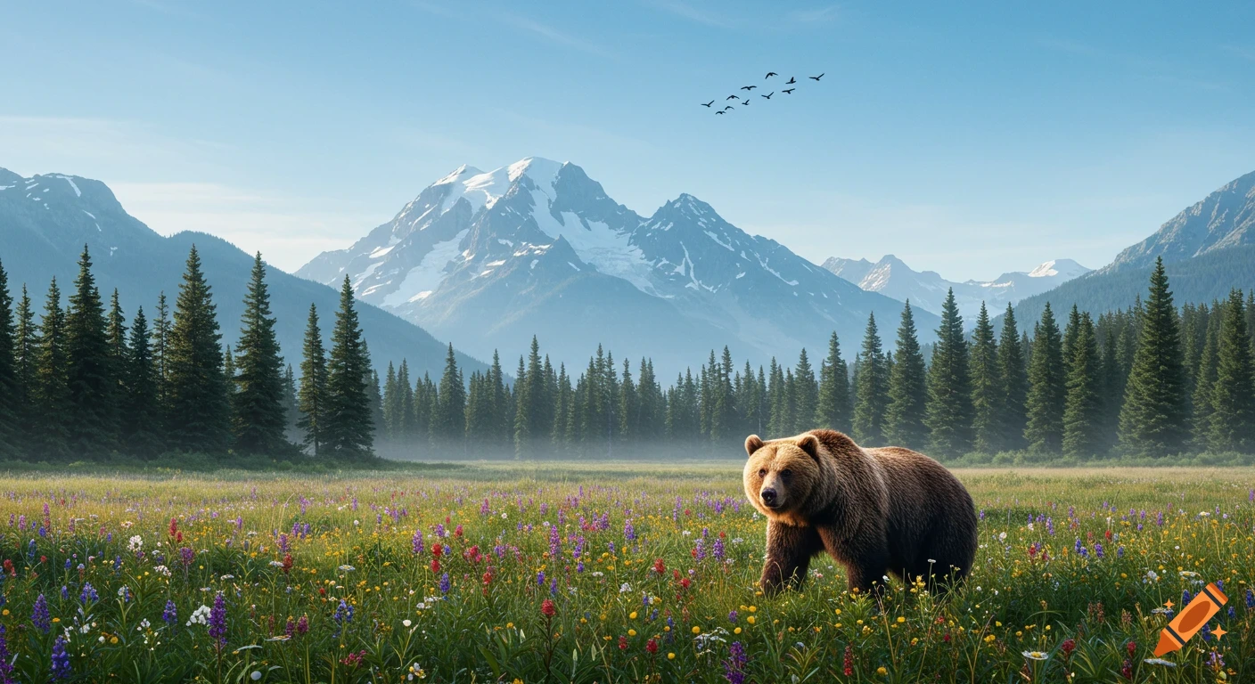 A brown bear walks through a vibrant wildflower meadow with pine trees and snow-capped mountains under a clear blue sky, with birds flying.