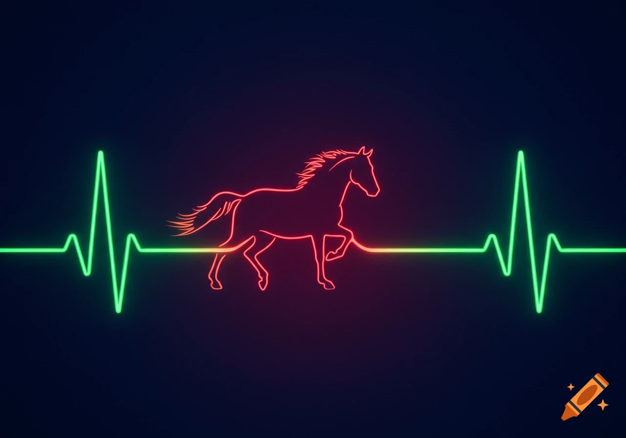 Neon red outlined horse with a bright green EKG heartbeat line on a dark blue background.