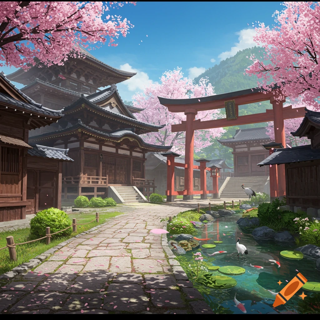 A vibrant Japanese temple complex with red torii gates, pink cherry blossoms, a pond with koi fish and cranes under a blue sky.