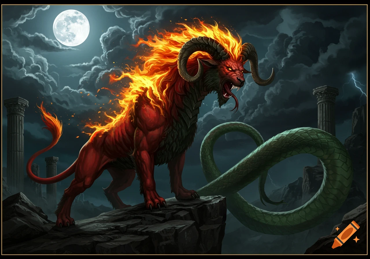 A flaming red Chimera, a mythical creature combining a lion, goat, and serpent, stands on rocky ruins under a full moon and stormy sky in a fantasy art style.