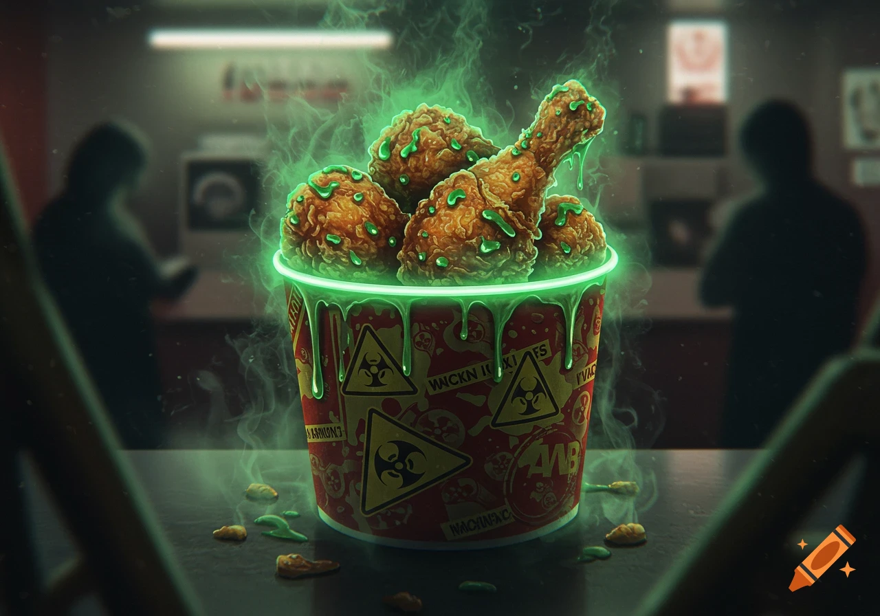 A glowing green, goo-covered bucket of fried chicken with biohazard symbols on a table in a dark restaurant.