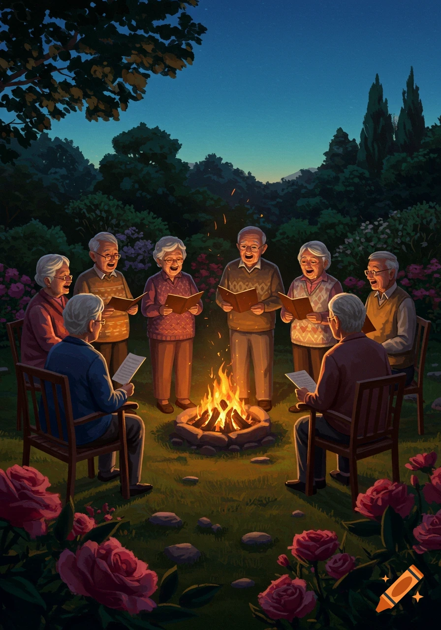 An illustration of a group of joyful seniors singing around a campfire at dusk in a lush garden, surrounded by trees and flowers.