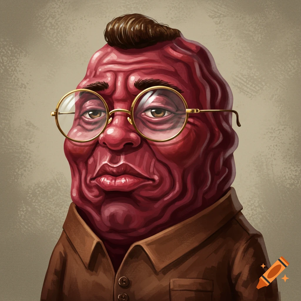 A heavily wrinkled red-skinned man resembling a raisin, with receding brown hair and round glasses, wears a brown collared jacket.