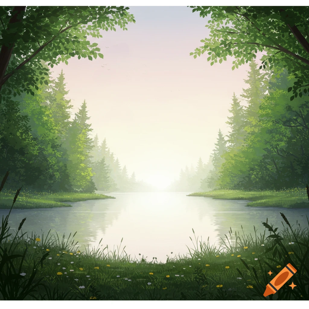 Lush green forest frames a bright, tranquil lake with foreground grass and wildflowers, in an illustrative style.