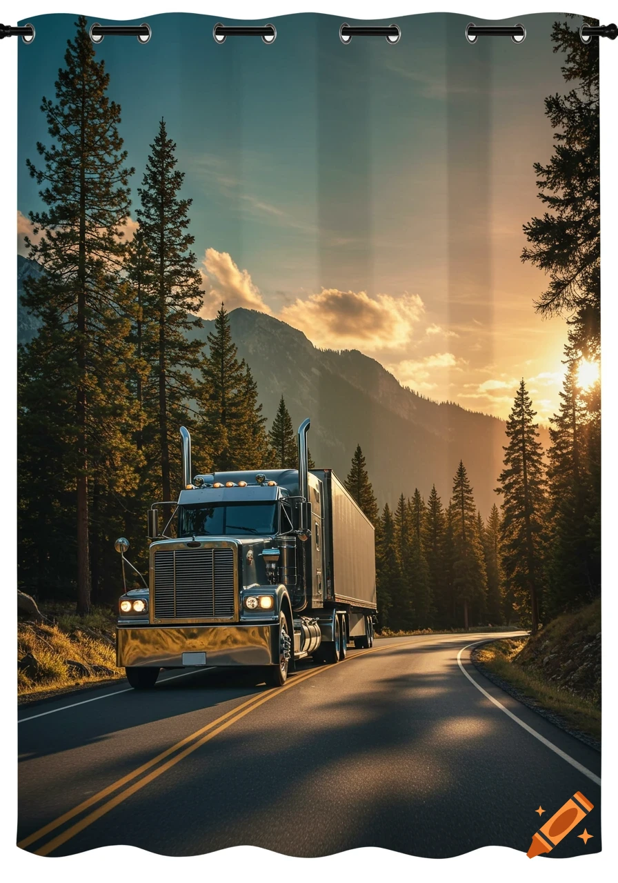 A semitruck drives on a winding mountain road at sunset, presented as a decorative curtain with grommets.