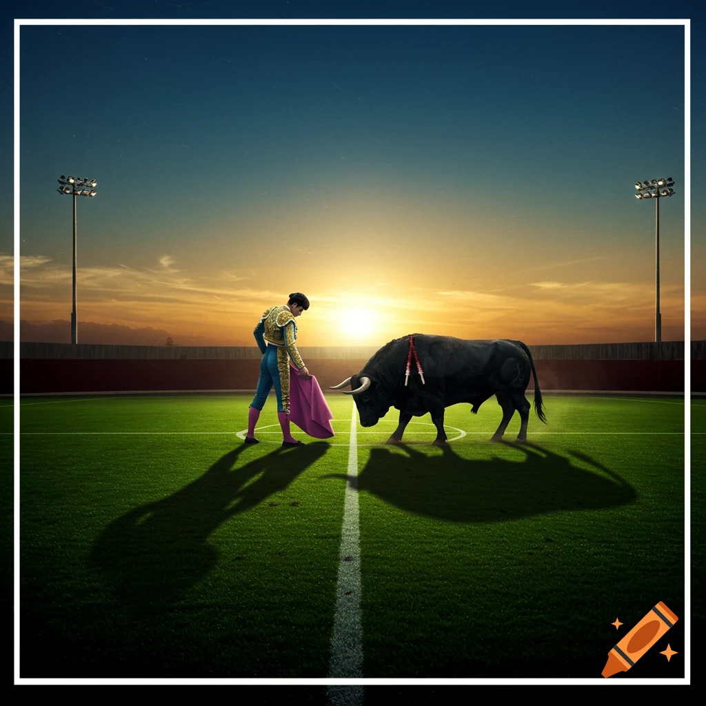 A matador in traditional attire faces a black bull on a green football field at sunset, casting long shadows.