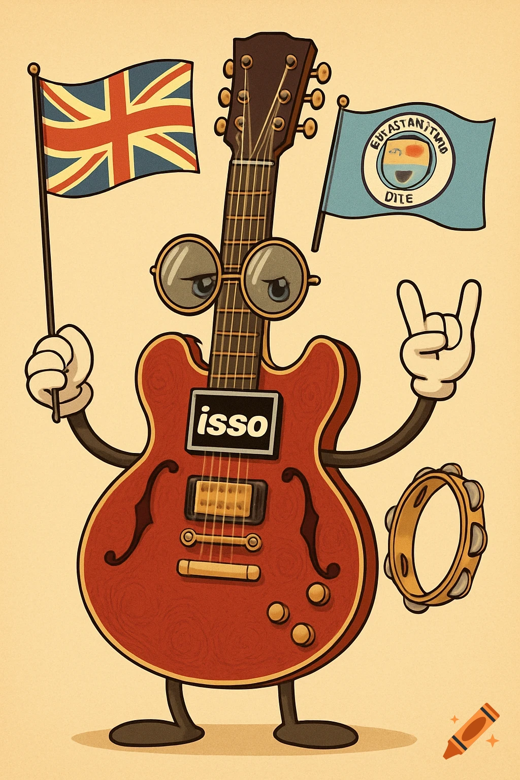A cartoon red electric guitar with arms and legs wears John Lennon-style sunglasses, holding a Union Jack flag and making a rock gesture, with a tambourine nearby.