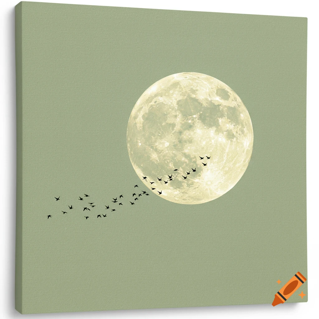 A large, textured full moon on a sage green background, with a flock of black birds flying in a wave pattern across it, in an acrylic painting style.