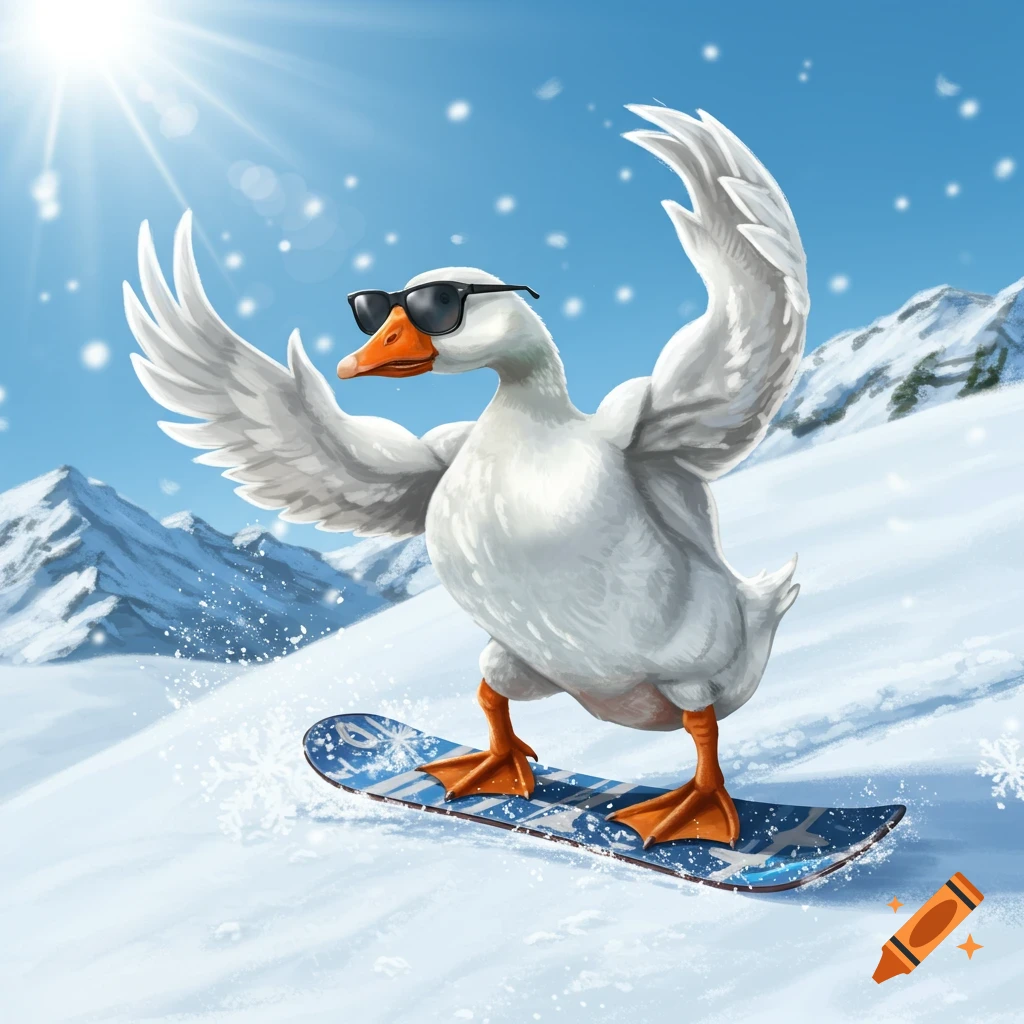 A muscular white goose wearing sunglasses snowboards down a snowy mountain with its wings spread out, under a bright sun.