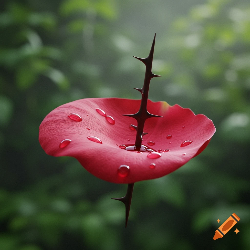 A photorealistic macro image of a vibrant red rose petal with water droplets, pierced by a dark thorn with red liquid.