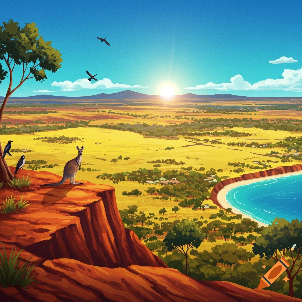 Stylized illustration of a kangaroo on a red cliff overlooking a vast golden Australian landscape, a blue bay, and distant mountains at sunset.