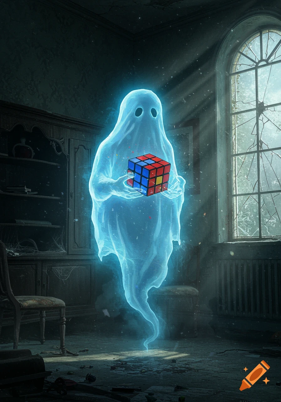 A glowing blue ghost holds a Rubik's Cube in a dark, dilapidated room with a broken window, rendered in a realistic, atmospheric style.