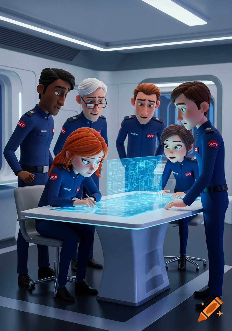 Six cartoon-style employees in blue SNCF uniforms gather around a futuristic holographic table in a white briefing room, looking at blue schematics.