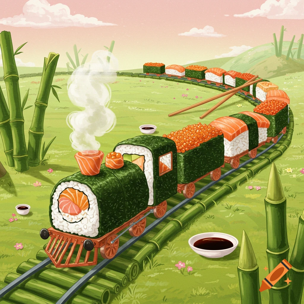 A whimsical illustration of a sushi train with salmon, rice, and roe on bamboo tracks through a green field.