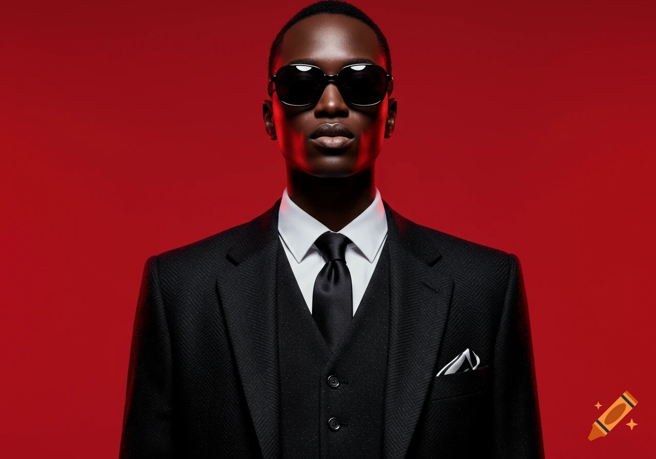Stylized editorial portrait of a man in black sunglasses and a three-piece suit, against a vibrant red background.