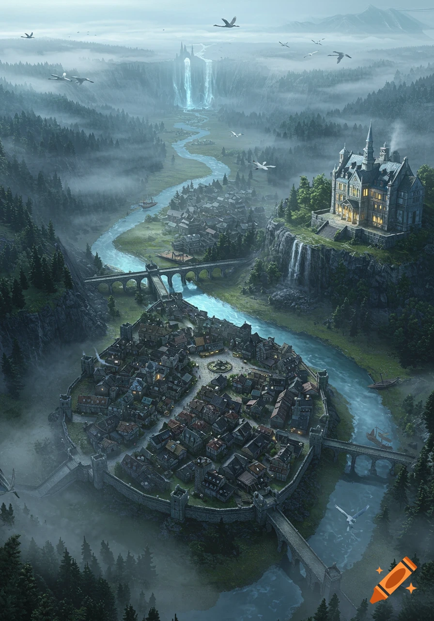 Detailed aerial view of a fantasy town with a majestic manor, glowing river, and flying birds in a misty, forested valley.