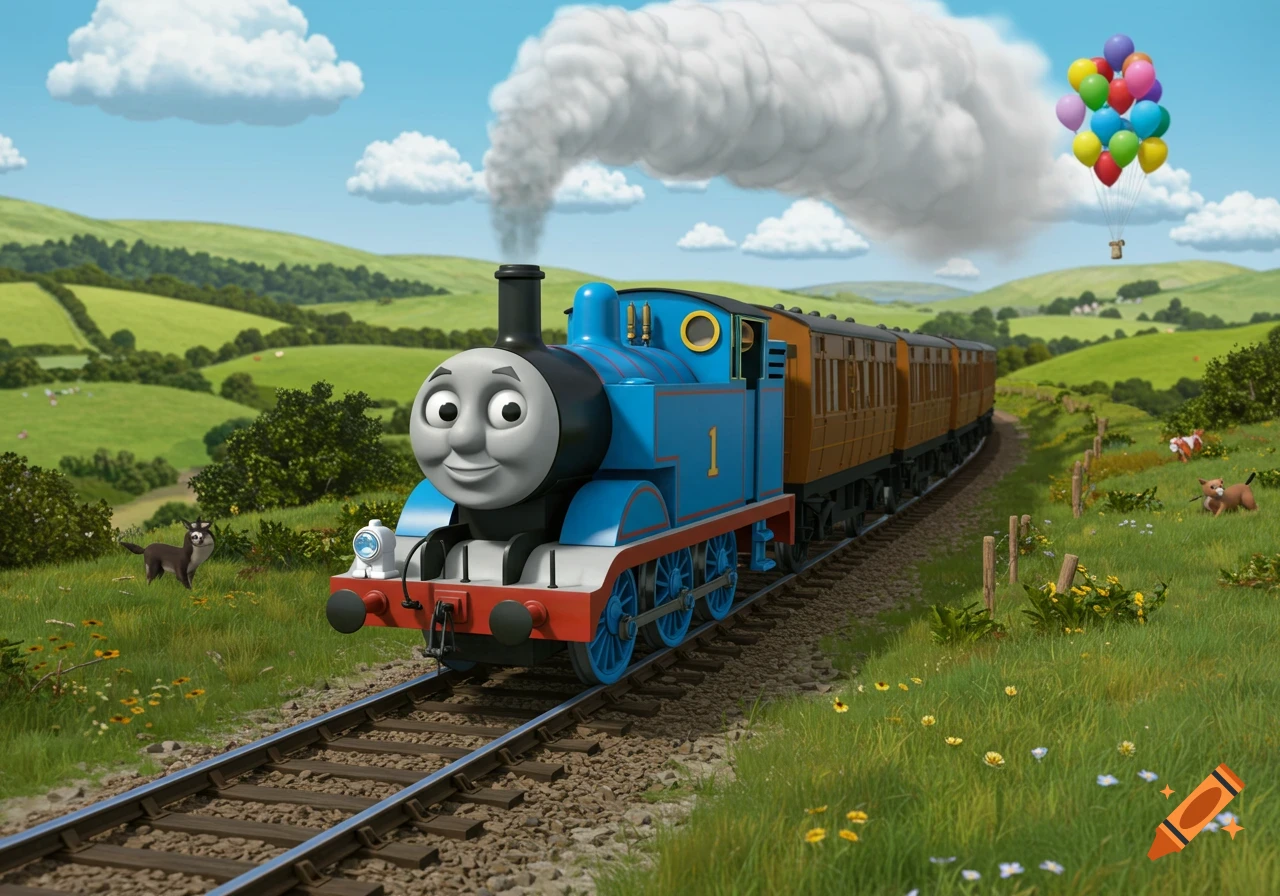 Thomas the Tank Engine pulling brown carriages through a green, hilly landscape under a blue sky, with a cluster of colorful balloons floating above.