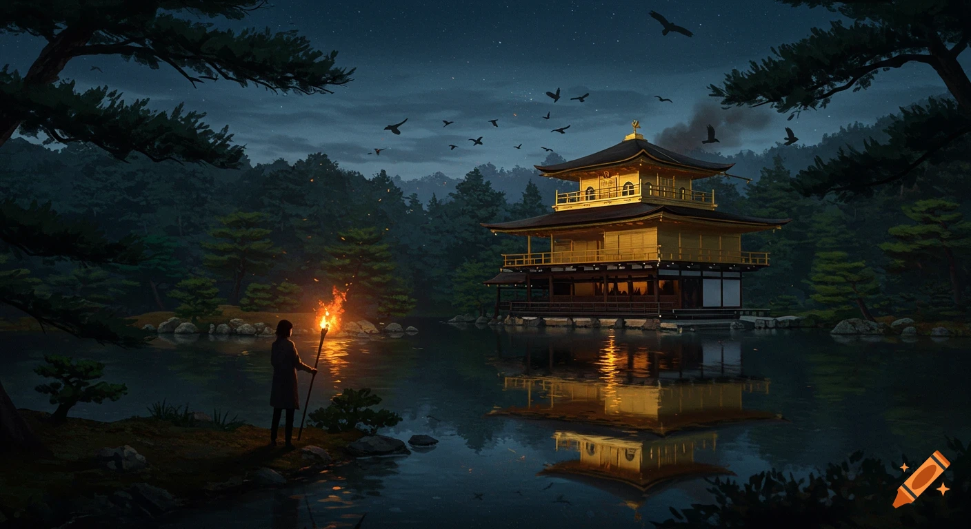 A lone figure holds a burning torch by a lake reflecting a golden Japanese temple at night, surrounded by dark pine trees and flying crows under a starry sky.