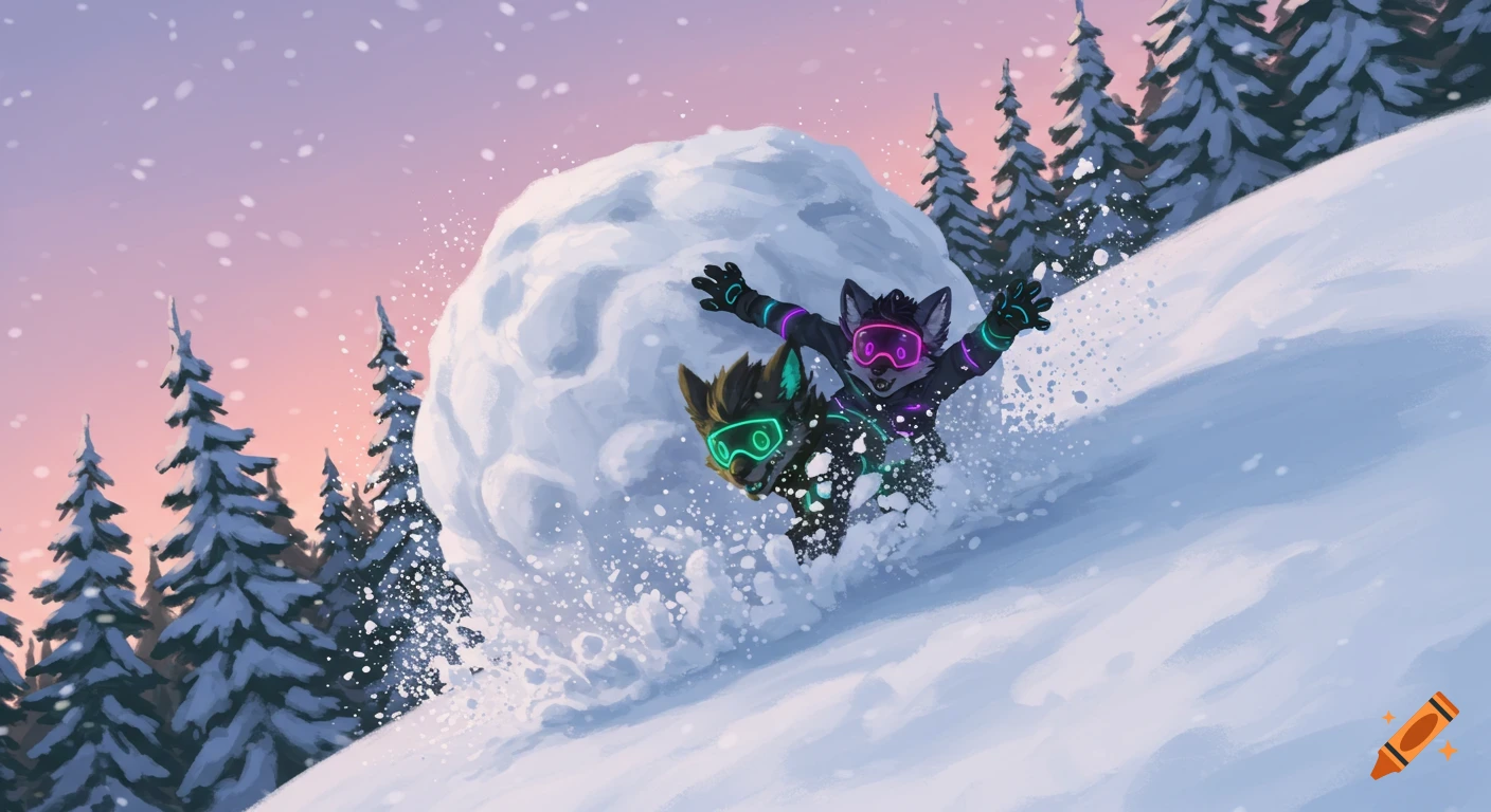 Digital art of two glowing-goggled Protogen furries in a giant snowball rolling down a snowy hill with pine trees and a pink sky.