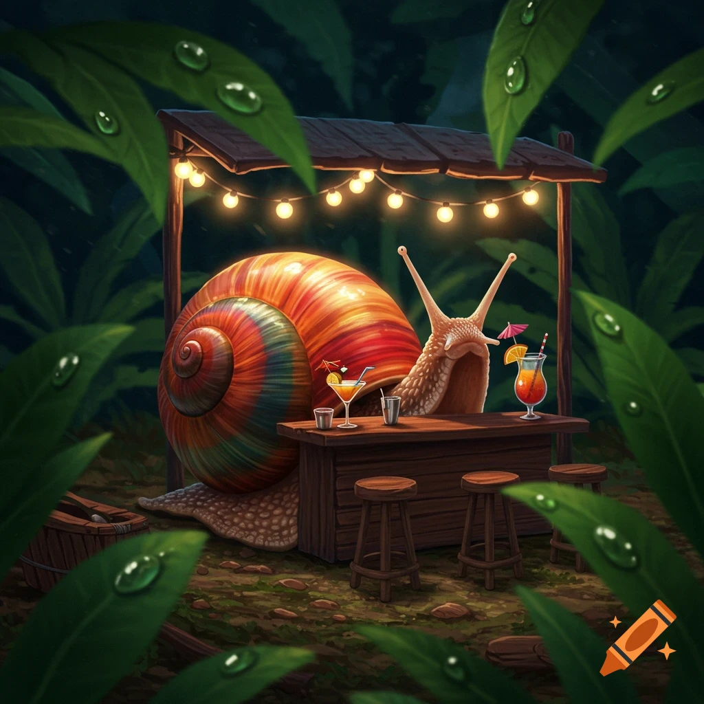 A colorful snail with a vibrant shell tending a small, lit-up bar in a lush green jungle, with stools and drinks.