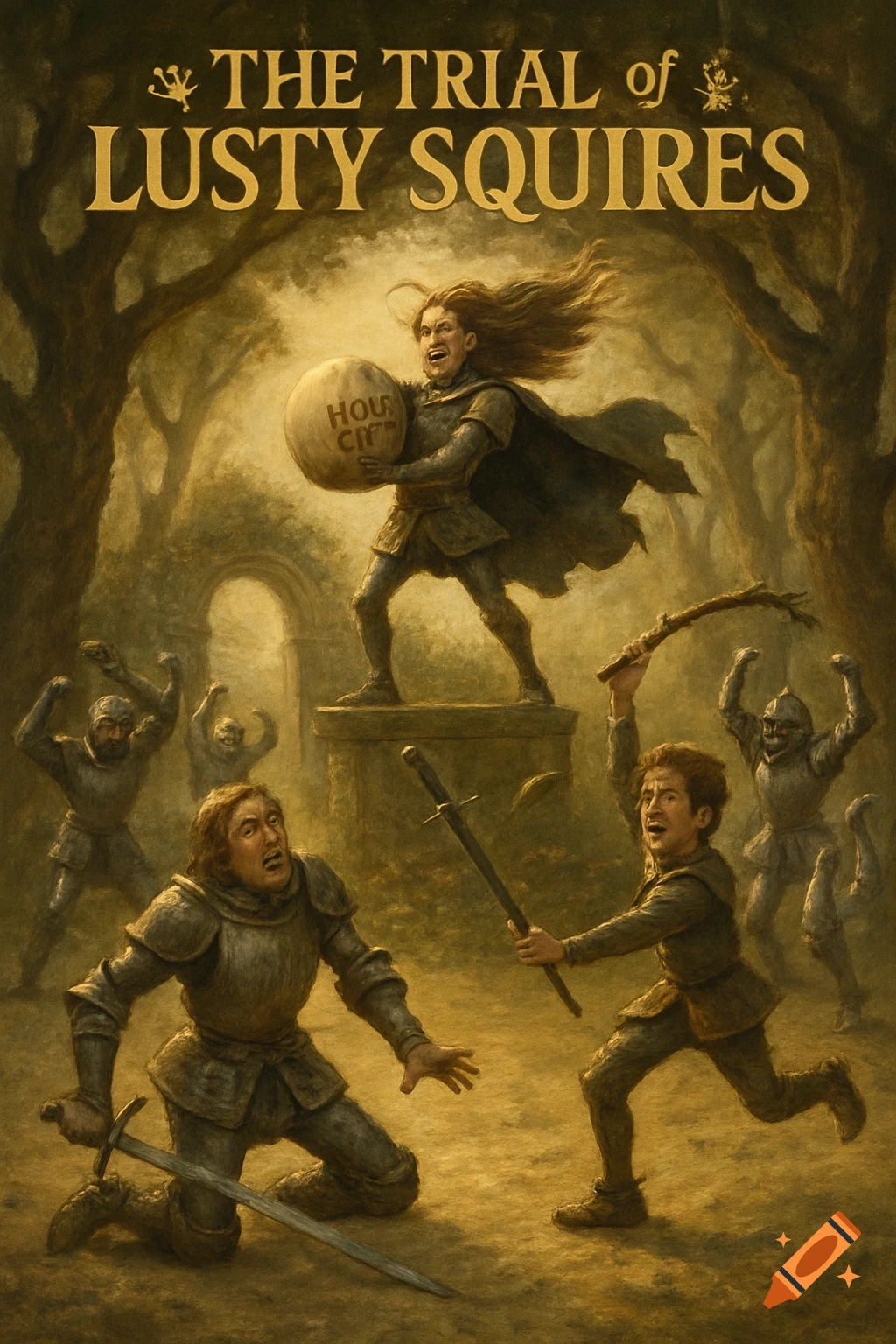 A painted scene of knights in a forest, with a title that reads "THE TRIAL of LUSTY SQUIRES." A man kneels with a sword while others, including a boy with a stick, surround a figure on a pedestal holding a sphere with garbled text.