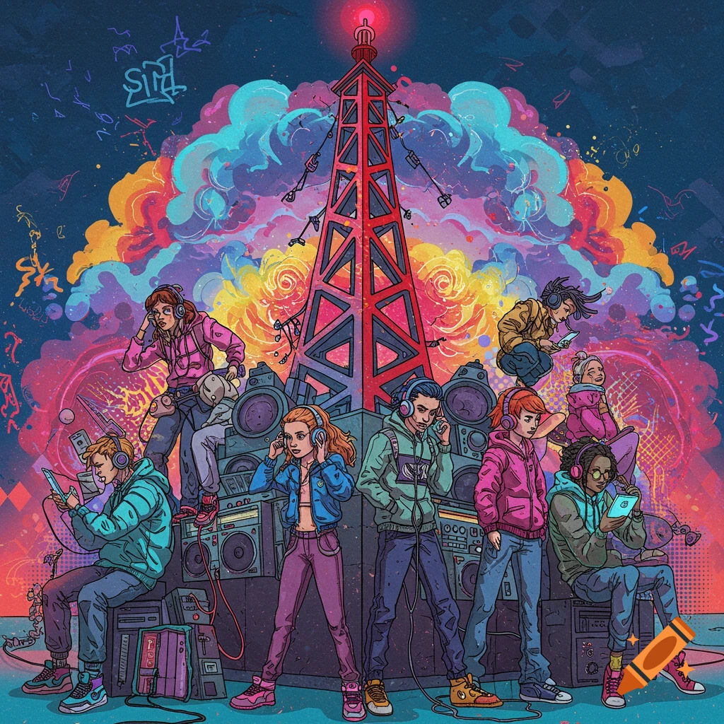 Colorful illustration of diverse teenagers listening to music with headphones, surrounded by boomboxes and a red radio tower, against a vibrant, cloudy, graffiti-style background.