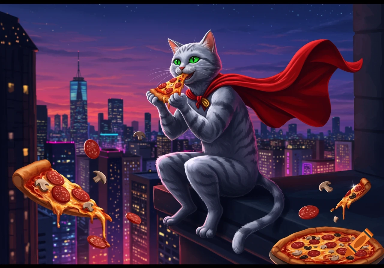 A gray tabby superhero cat in a red cape eats pepperoni pizza on a city rooftop against a vibrant sunset, with pizza slices and toppings floating around.