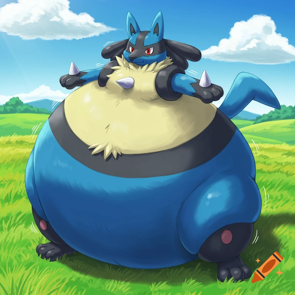 A massively inflated, round blue and black Lucario stands in a sunny green field.