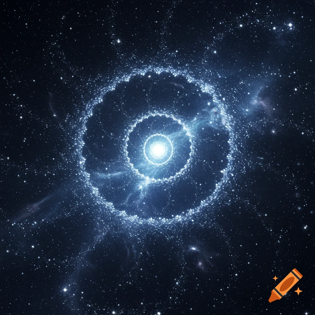 A bright star or core surrounded by glowing, concentric rings of stars, resembling a cosmic arena in deep space.