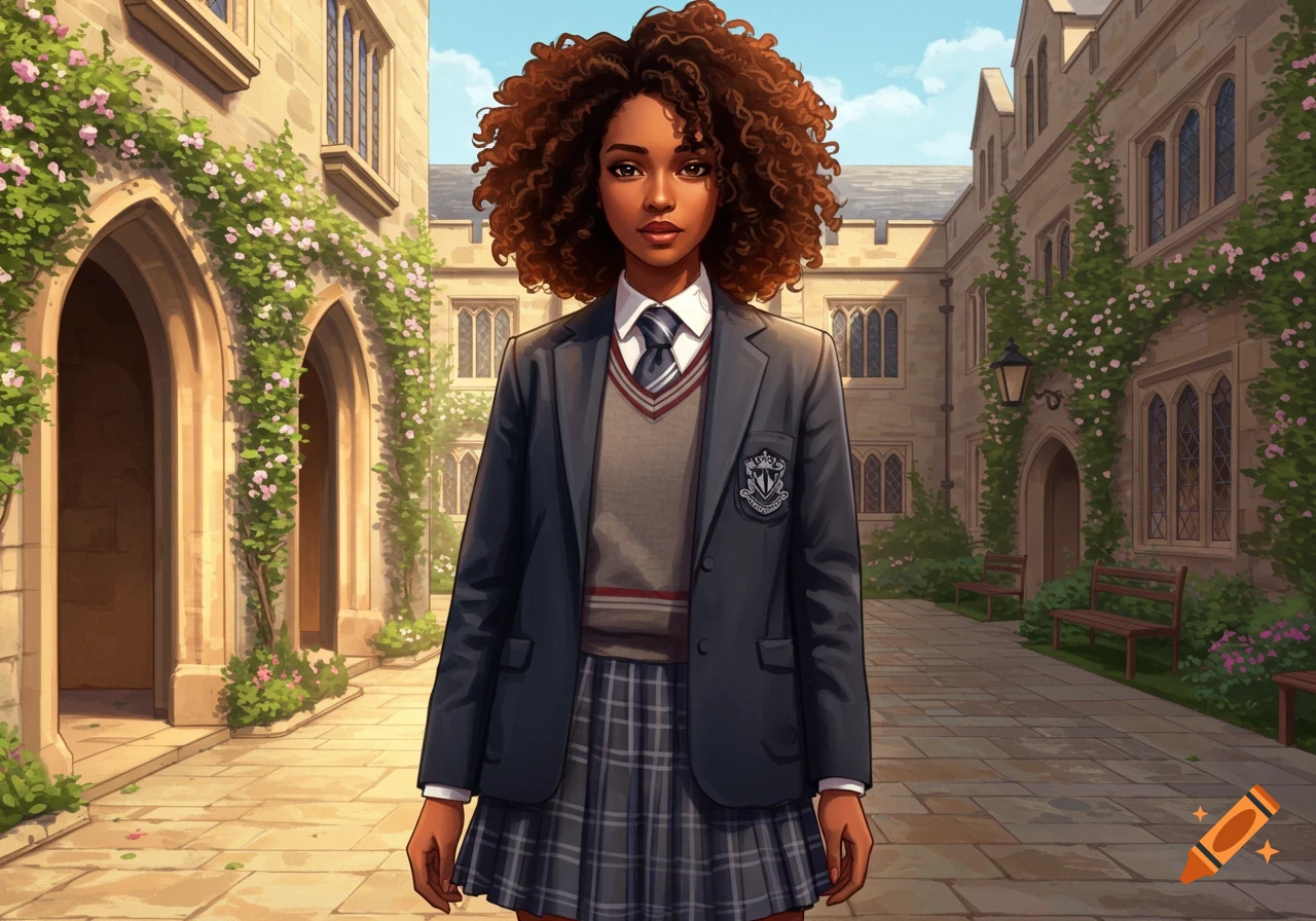 An anime-style illustration of a young Black woman in a school uniform standing in a college courtyard.