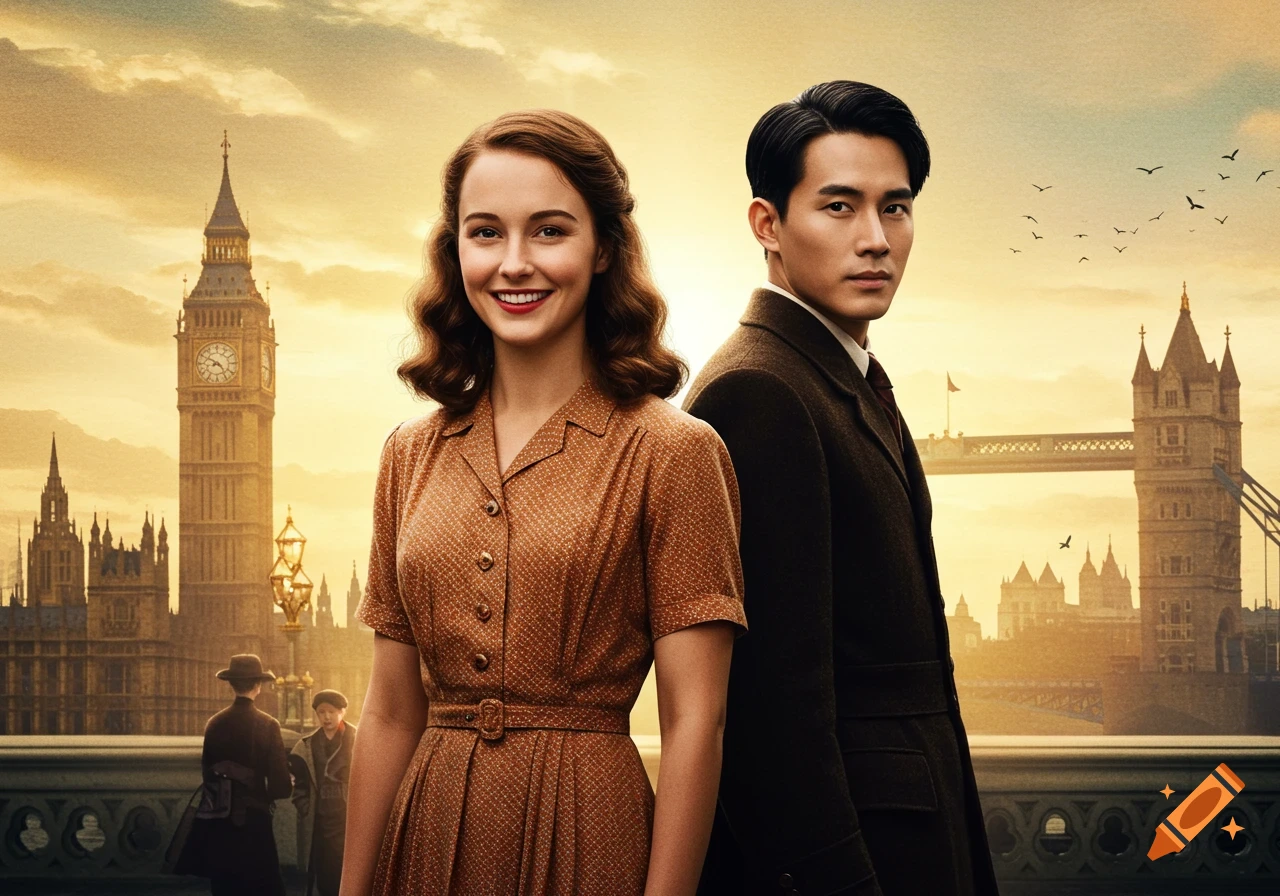 Smiling woman and serious man in 1940s attire against a London sunset with Big Ben and Tower Bridge, movie poster style.