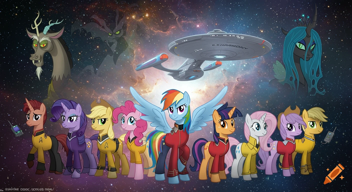 My Little Pony characters in Star Trek uniforms stand in space with the E.S. HARMONY starship and villains Discord and Queen Chrysalis above.