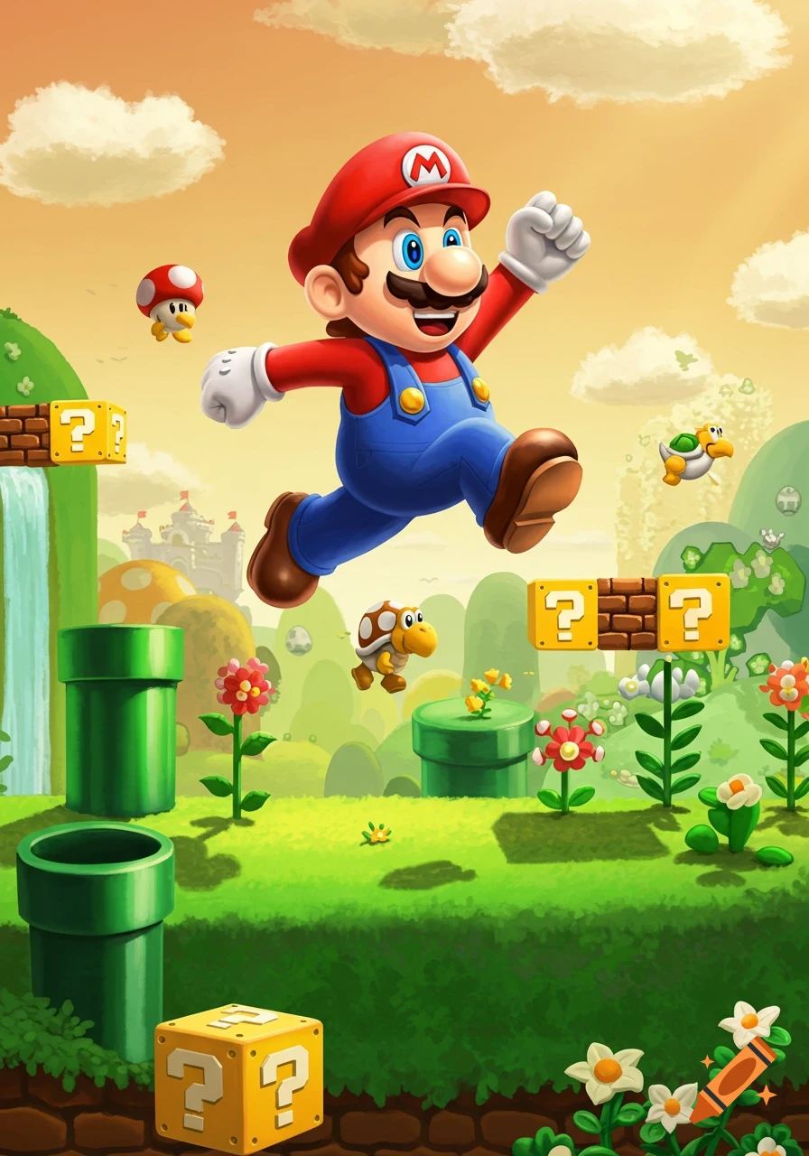 Cartoon illustration of Mario jumping in a vibrant Super Mario Bros. level with green hills, pipes, question blocks, Goomba, and Koopa Troopa.