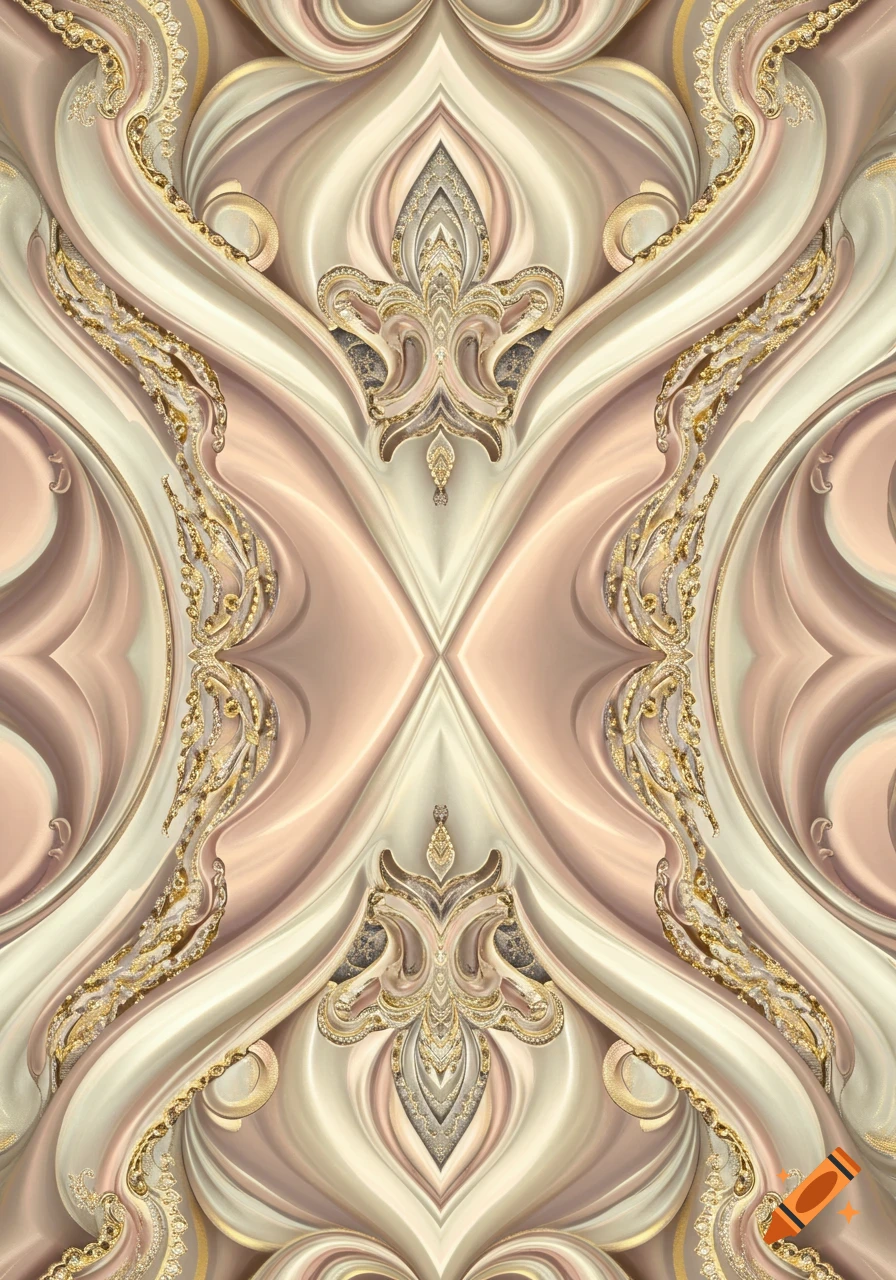 Symmetrical, vertical abstract pattern with flowing beige and rose gold satin textures, detailed gold ornamental filigree, and a metallic sheen.
