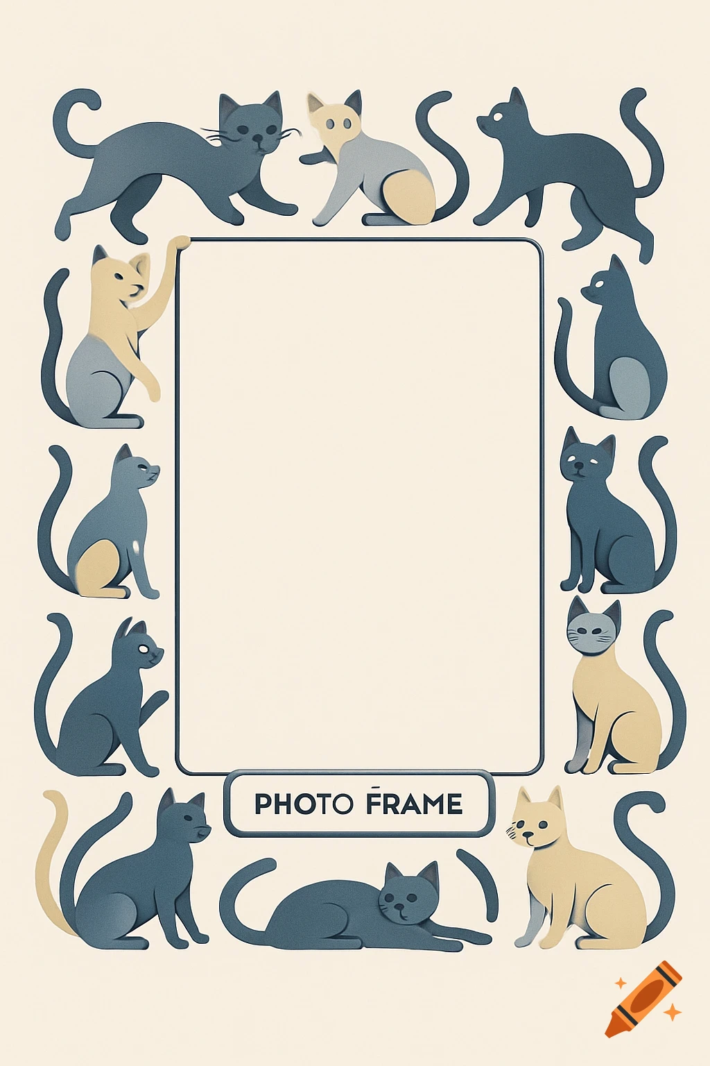 A stylized illustration of a photo frame surrounded by numerous blue and tan cats in various poses, with a "PHOTO FRAME" label at the bottom.