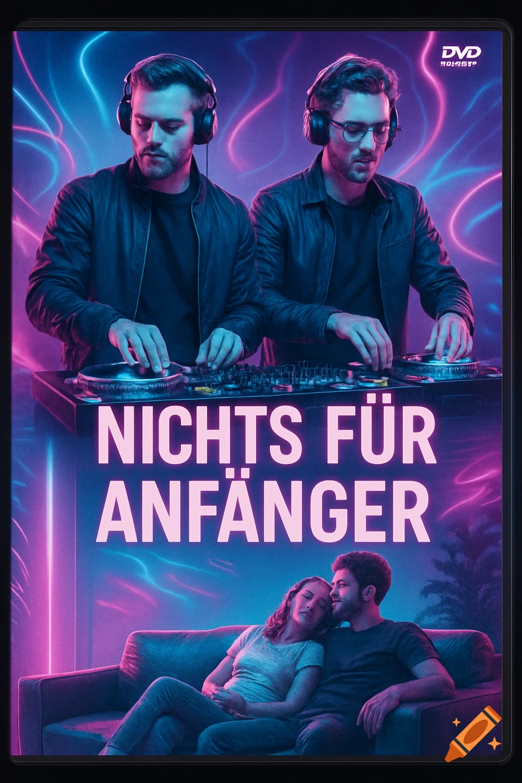 A DVD cover featuring two DJs mixing music under vibrant neon lights, and a couple relaxing on a couch below, with the title "NICHTS FÜR ANFÄNGER".