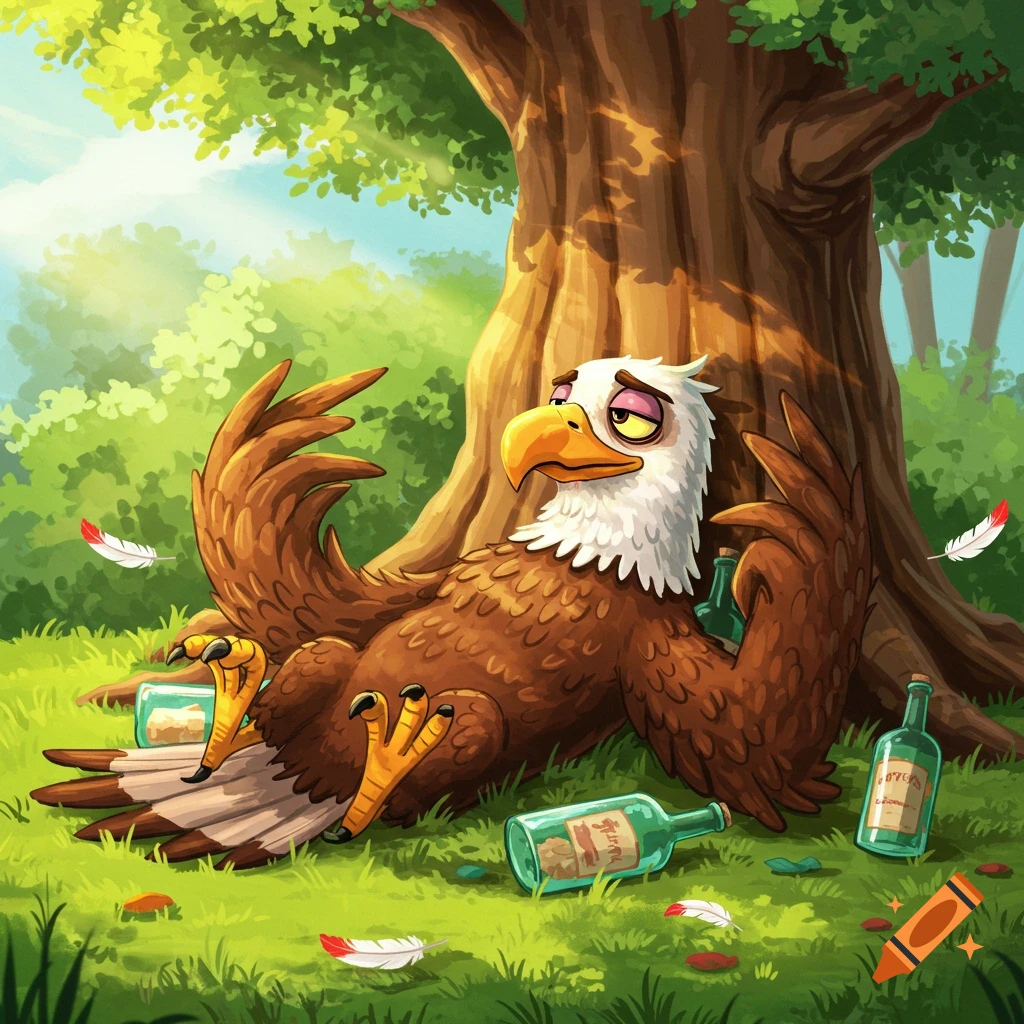 A cartoon eagle, appearing drunk, lies passed out under a tree amidst several empty bottles.