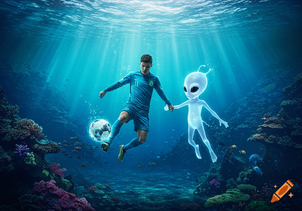 A soccer player and a glowing alien play with a luminous soccer ball in a vibrant underwater coral reef, with sun rays.