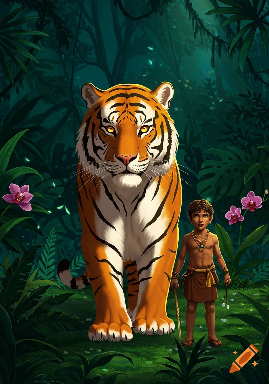 A large, striped tiger and a young boy in a loincloth stand in a lush, green jungle with purple orchids, stylized illustration.