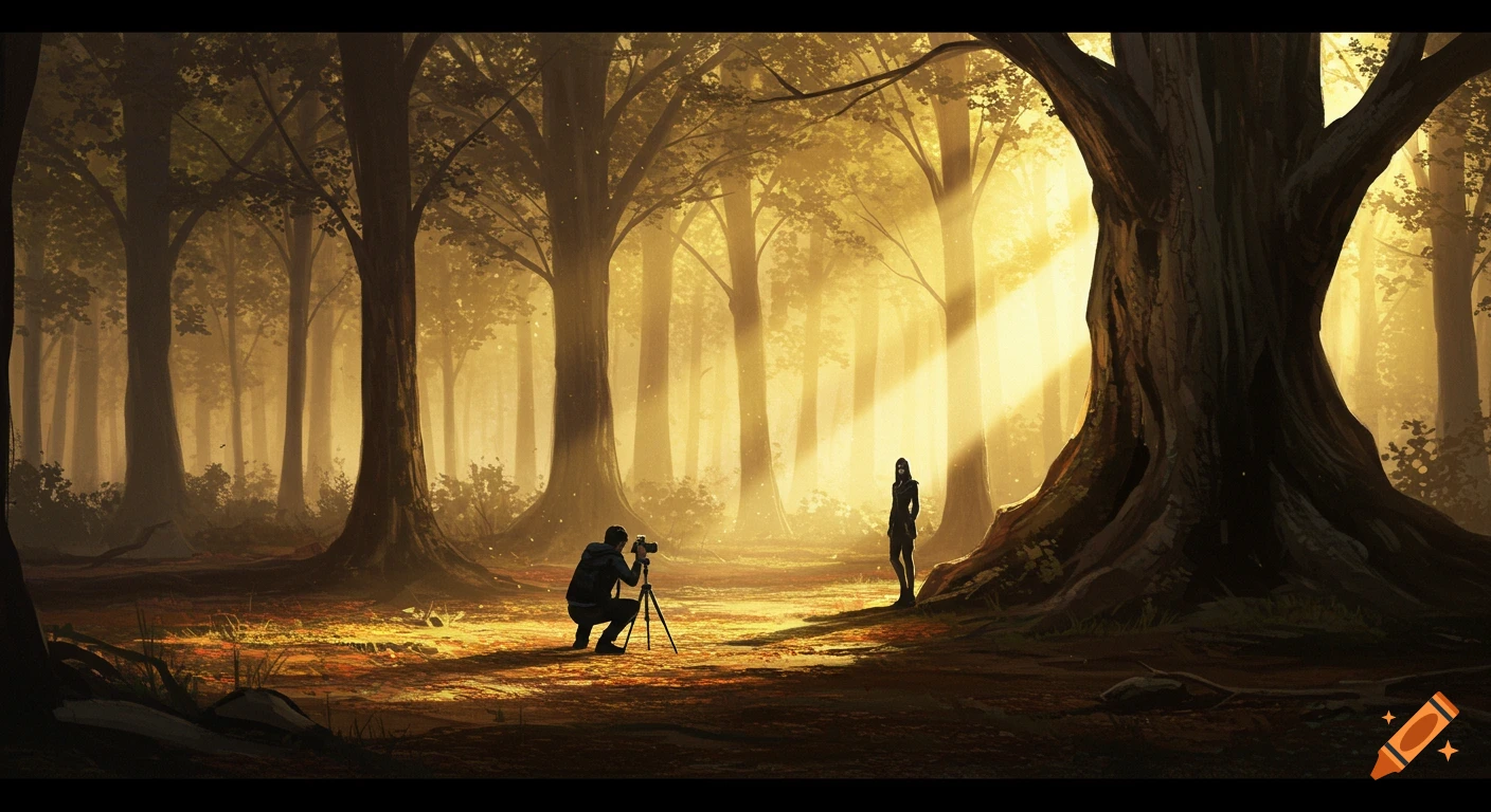 A digital painting of a photographer taking a picture of a model in black clothing in a sunlit forest.