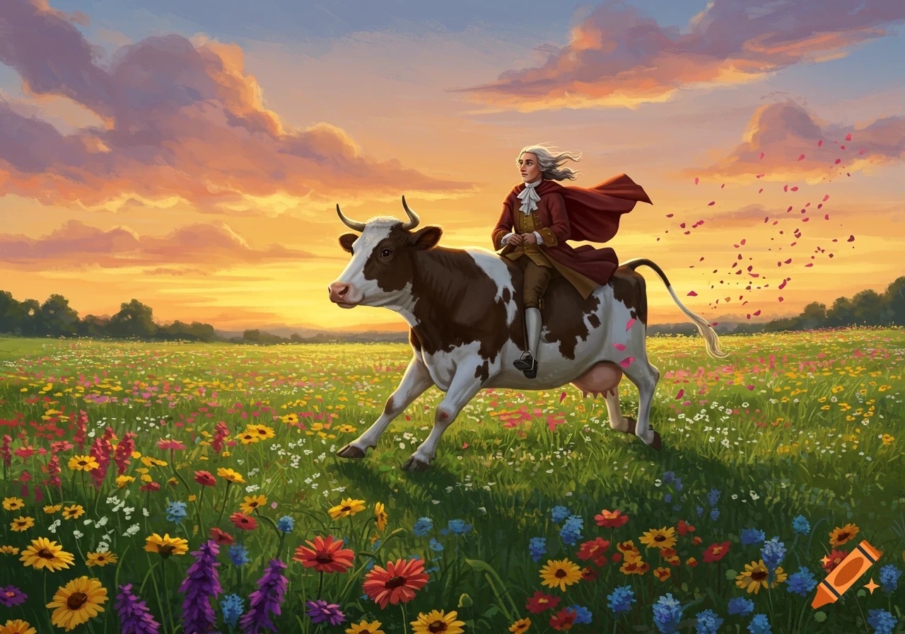 A man in historical attire rides a running cow through a vibrant flower field at sunset, with rose petals trailing behind.