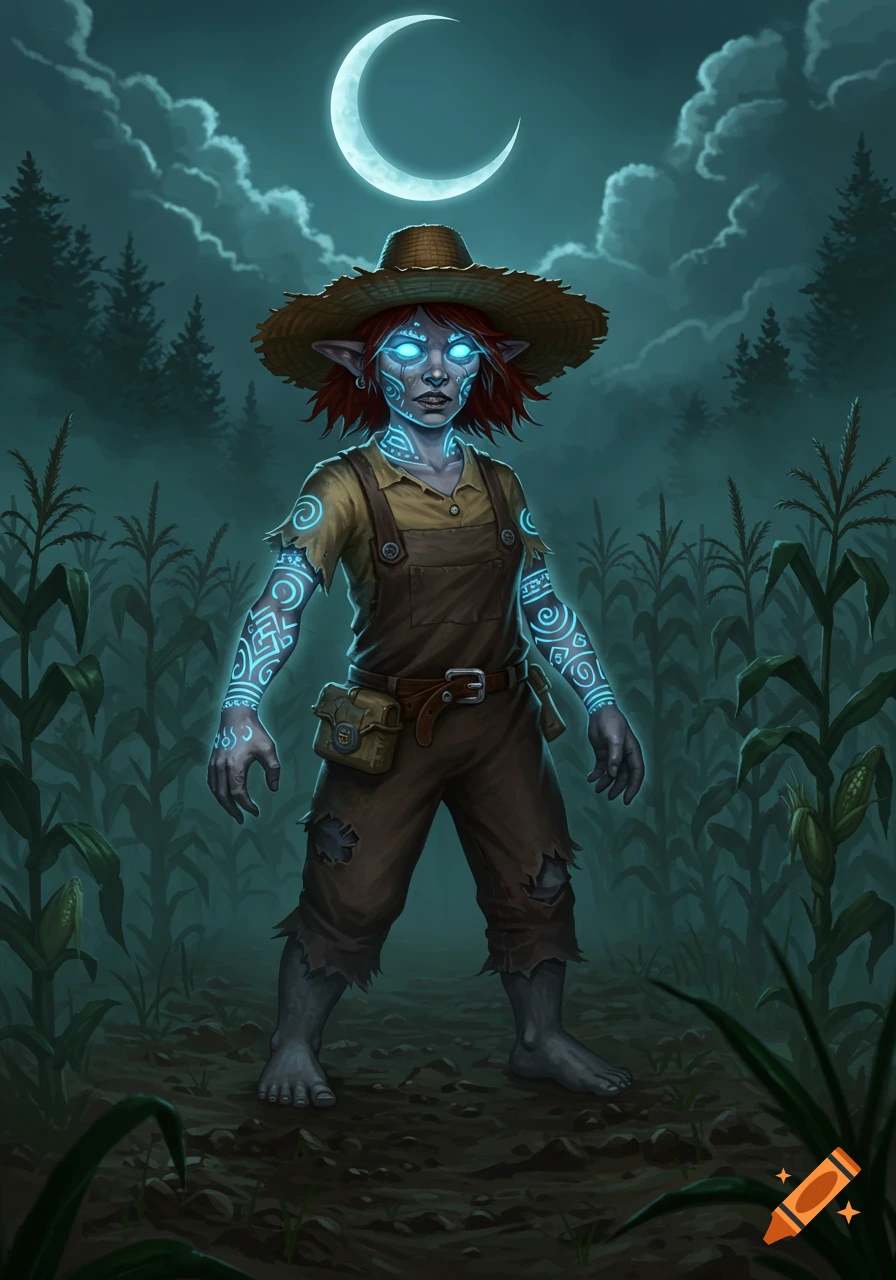 An undead farmer with glowing blue tattoos and eyes stands in a moonlit cornfield, wearing a straw hat and torn overalls.